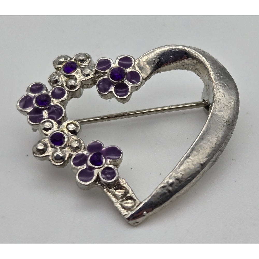 Silver Tone Heart Brooch Purple Enamel Flowers Rhinestones Romantic